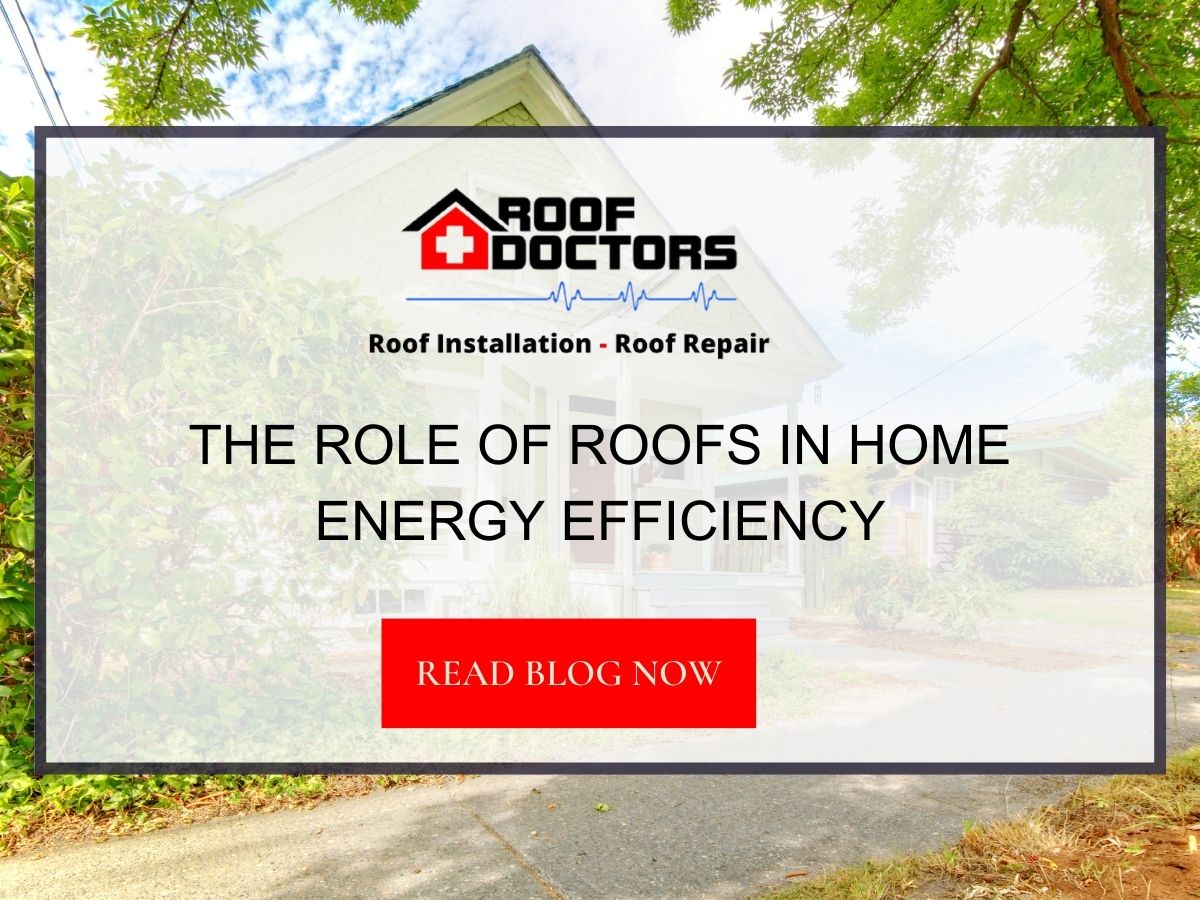Front image of a blog titled "The role of roofs in home energy efficiency " with a house surrounded by greenery as the background and the title displayed in serif typography