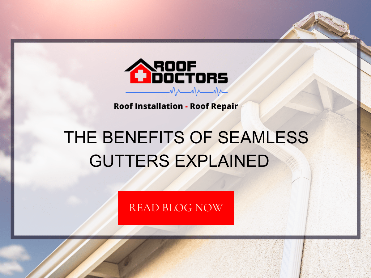 Front image of a blog titled "The benefits of seamless gutters explained" with a pvc gutter overlooking a beautiful sky as the background and the title displayed in serif typography