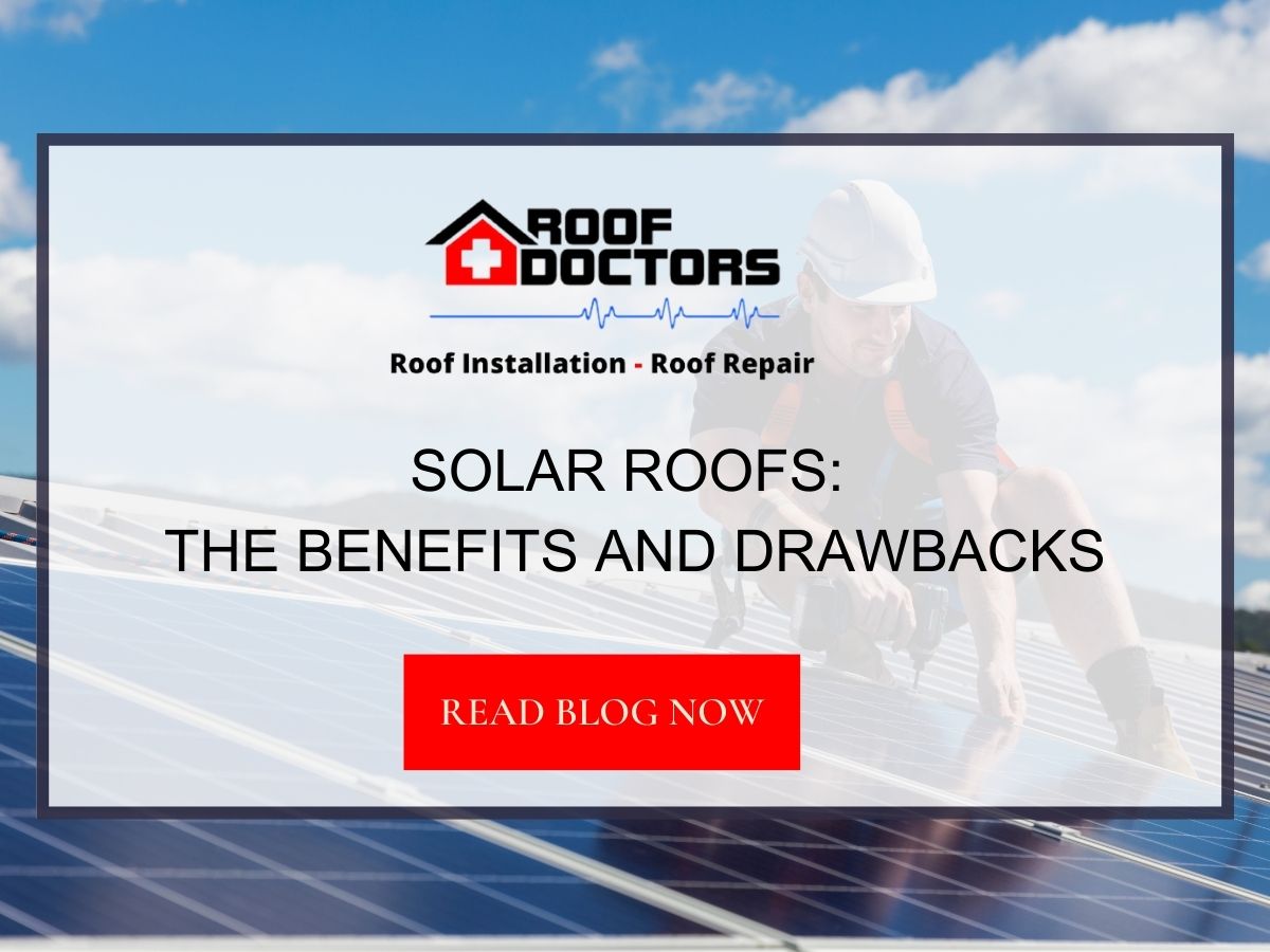 Front image of a blog titled "Solar Roofs: The benefits and Drawbacks" with person installing solar panels on a roof as the background and the title displayed in serif typography