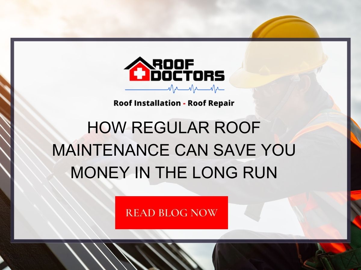 Front image of a blog titled "How regular roof maintenance can save you money in the long run " with roofer on a roof during a mainteinance check as the background and the title displayed in serif typography