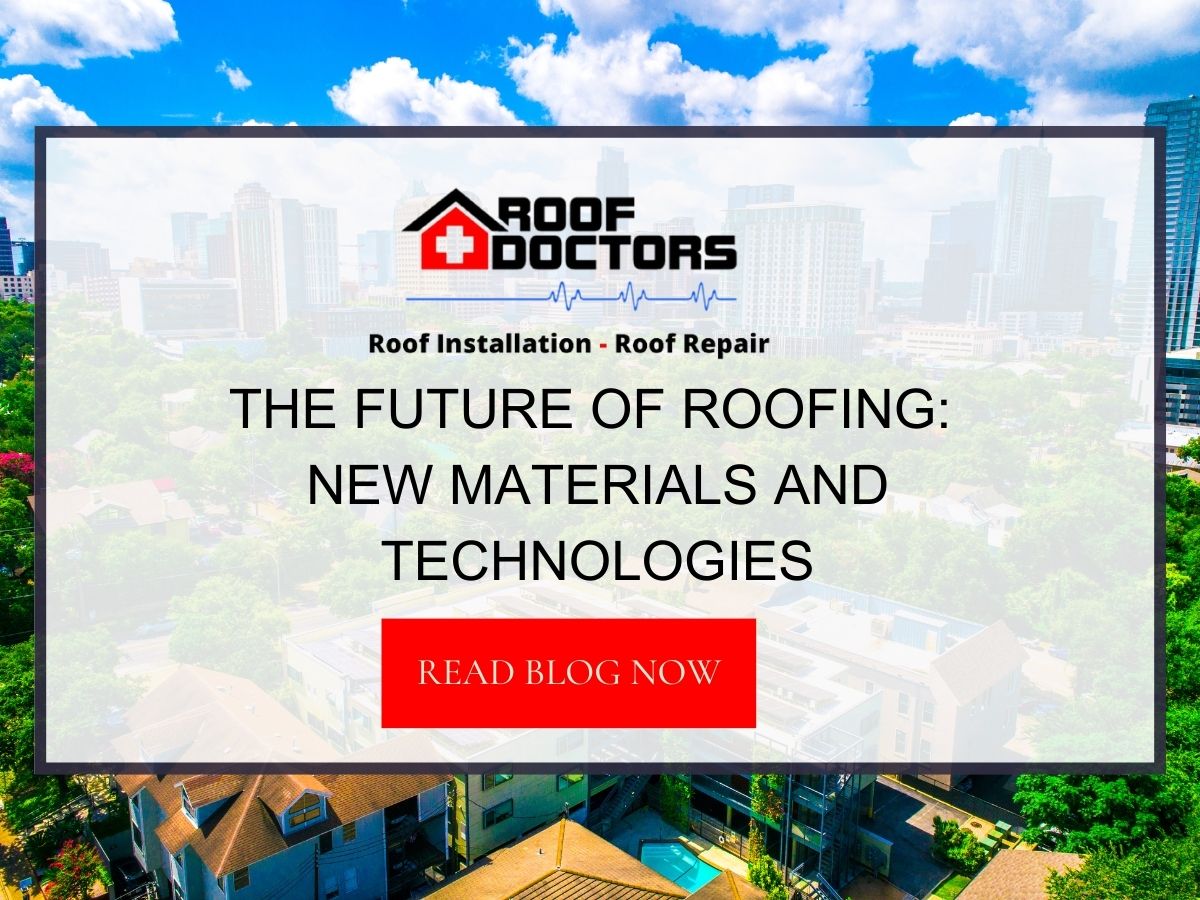 Front image of a blog titled "The future of roofing : New materials and technologies" with a drone shot of green roofs as the background and the title displayed in serif typography