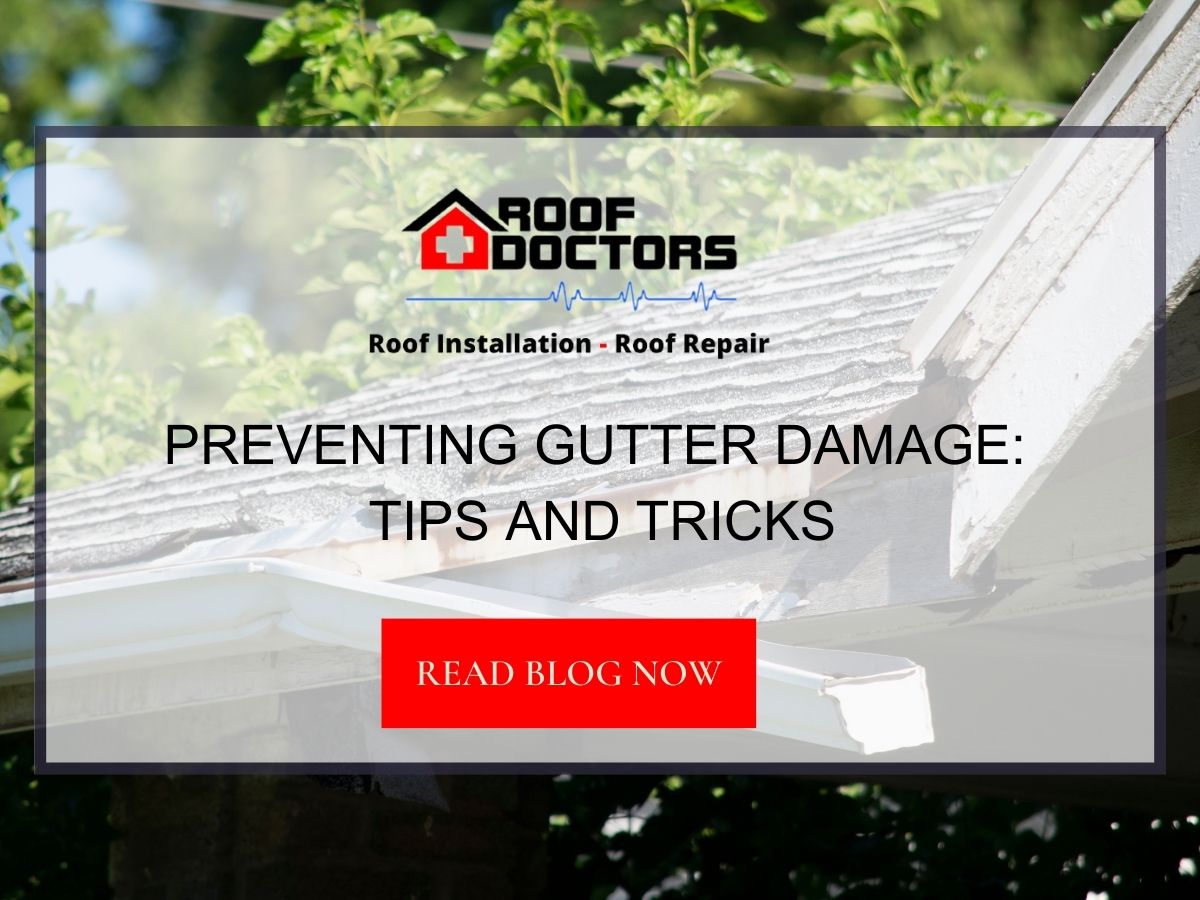 Front image of a blog titled "Preventing gutter damage: Tips and Tricks " with a damaged gutters on asphalt shingle roof as the background and the title displayed in serif typography