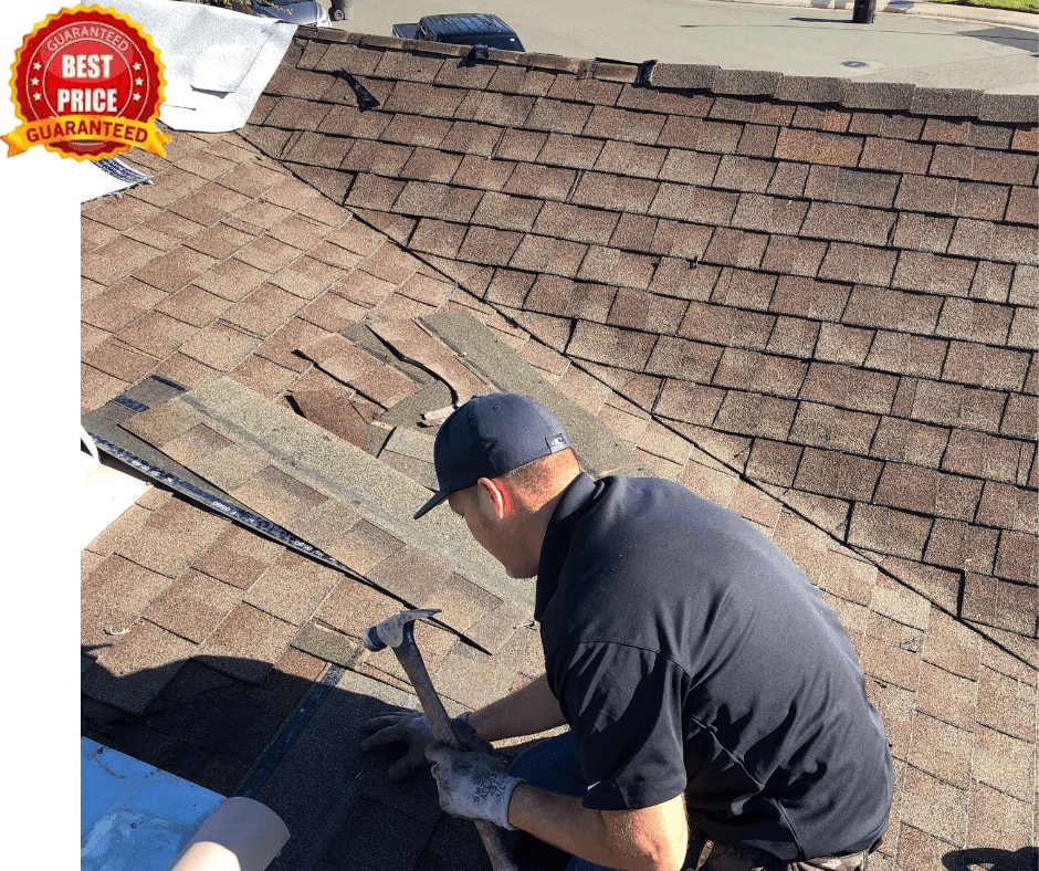 a roofing contractor hammering nails on a asphalt shingle roof