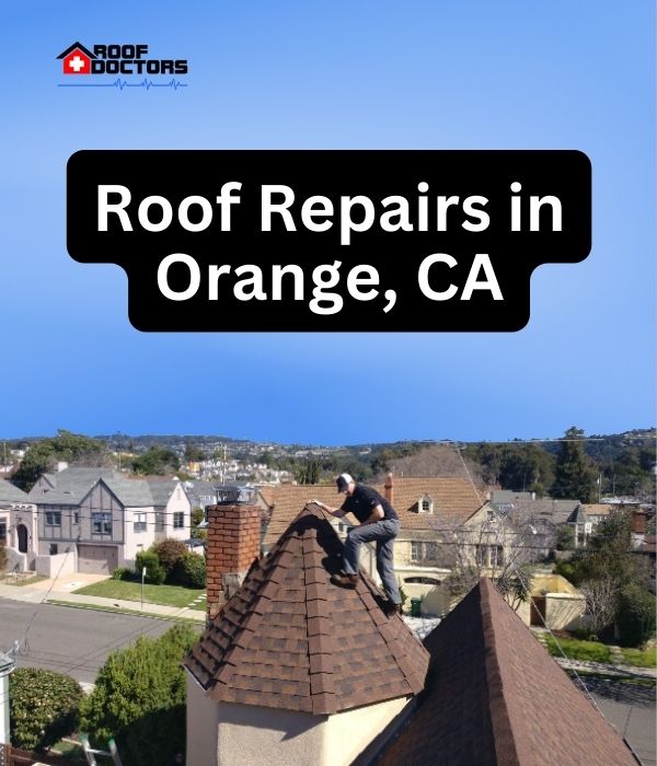 roof turret with a blue sky background with the text " Roof Repairs in Orange, CA" overlayed