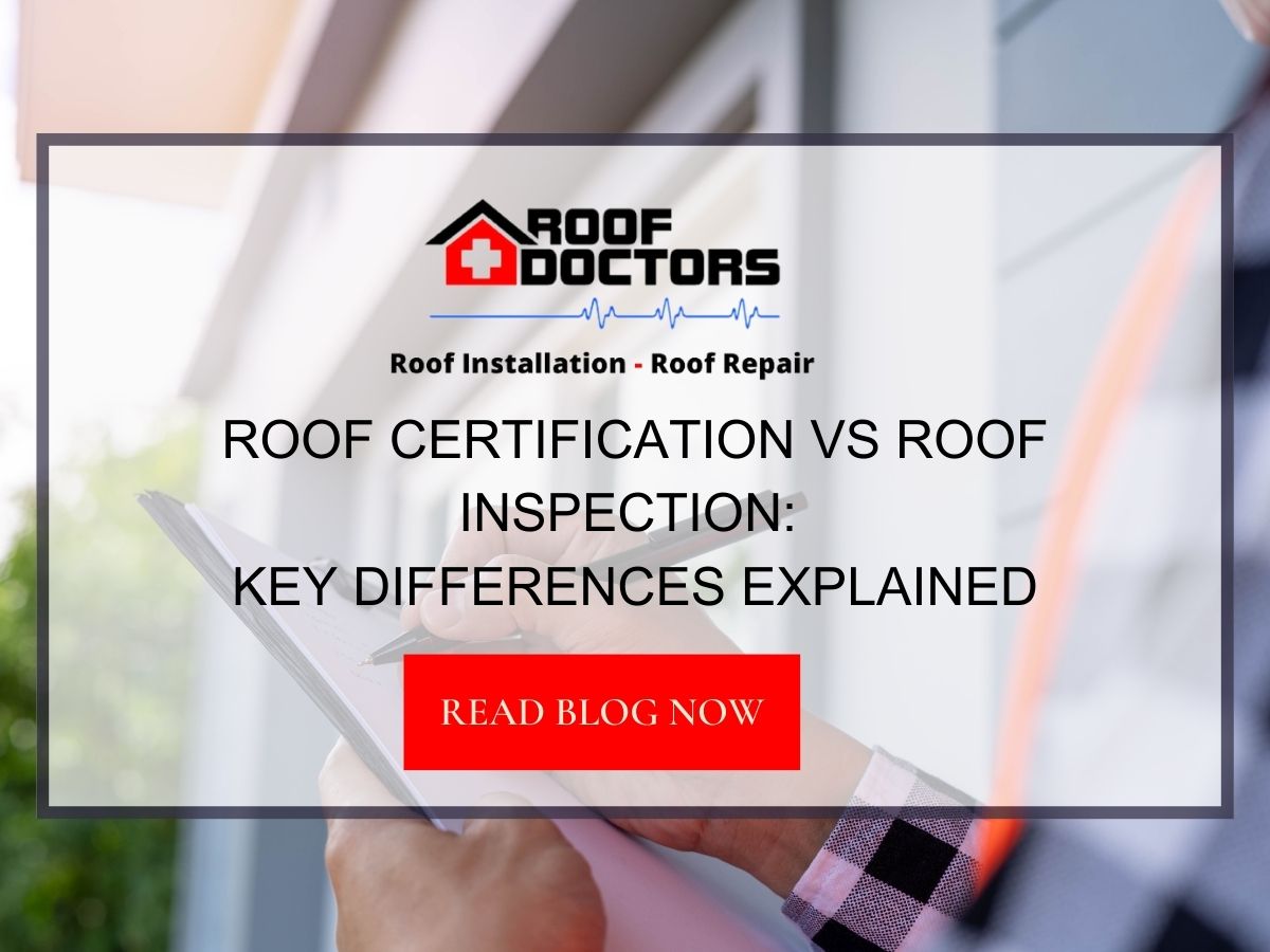 Front image of a blog titled " Roof Certification vs Roof Inspection: Key Differences Explained " with a roofing inspector holding a clipboard as the background and the title displayed in serif typography