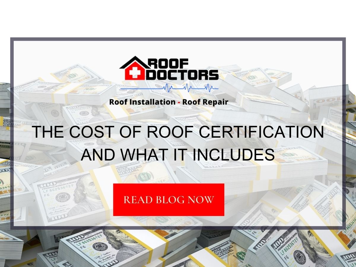 Front image of a blog titled "The Cost of Roof Certification and What It Includes " with a stack of 100 dollar bills as the background and the title displayed in serif typography