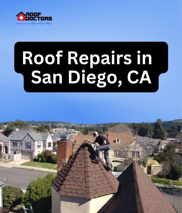 roof turret with a blue sky background with the text " Roof Repairs in San Diego, CA" overlayed