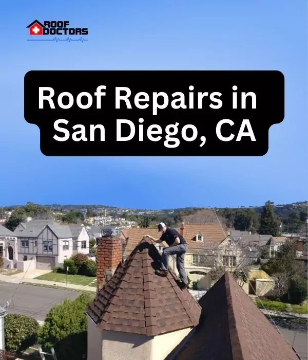 Roof Repairs in San Diego, CA roof turret with a blue sky background with the text " Roof Repairs in San Diego, CA" overlayed