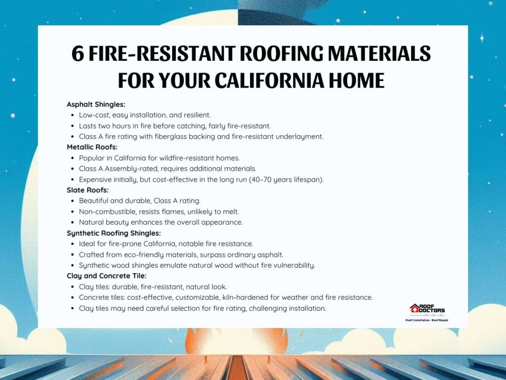 infographic illustration on 6 fire-resistant roofing materials for your California home