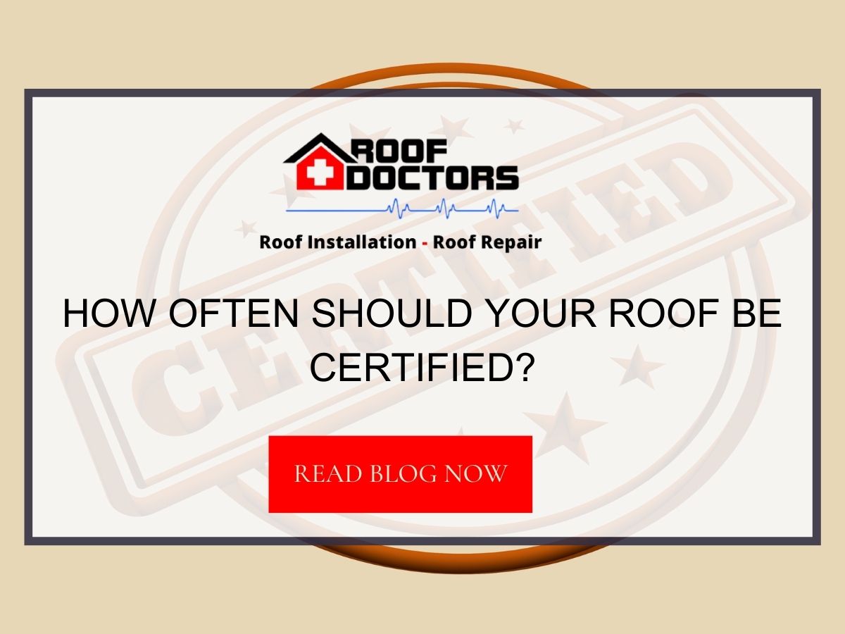 Front image of a blog titled "How Often Should Your Roof Be Certified?" with certified stamp as the background and the title displayed in serif typography