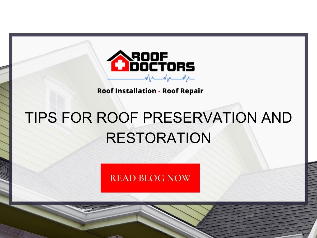 Front image of a blog titled "Tips for Roof Preservation and Restoration" with an asphalt shingle roof as the background and the title displayed in serif typography