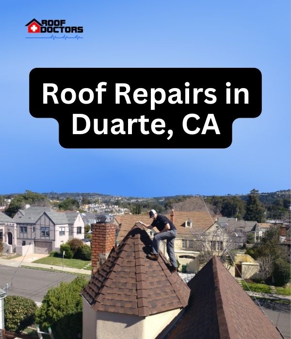 roof turret with a blue sky background with the text " Roof Repairs in Duarte, CA" overlayed