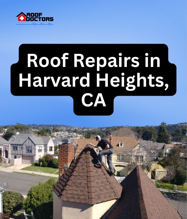 roof turret with a blue sky background with the text " Roof Repairs in Harvard Heights, CA" overlayed