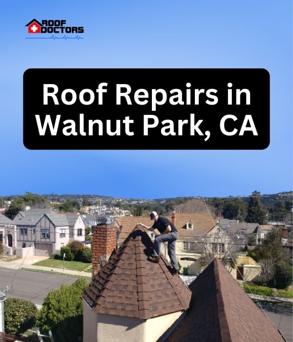 roof turret with a blue sky background with the text " Roof Repairs in Walnut Park, CA" overlayed