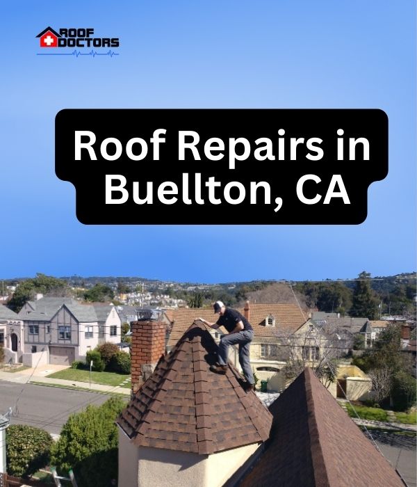 roof turret with a blue sky background with the text " Roof Repairs in Buellton, CA" overlayed