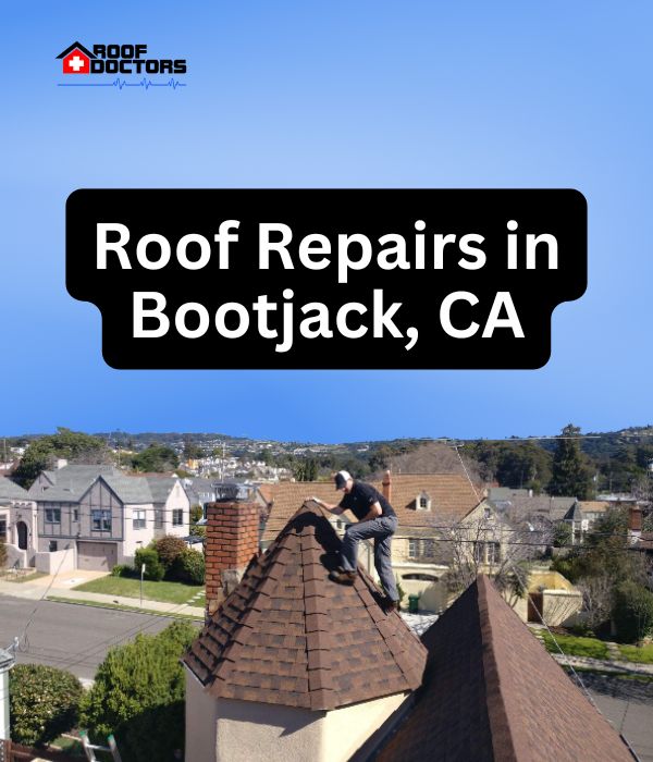 roof turret with a blue sky background with the text " Roof Repairs in Bootjack, CA" overlayed