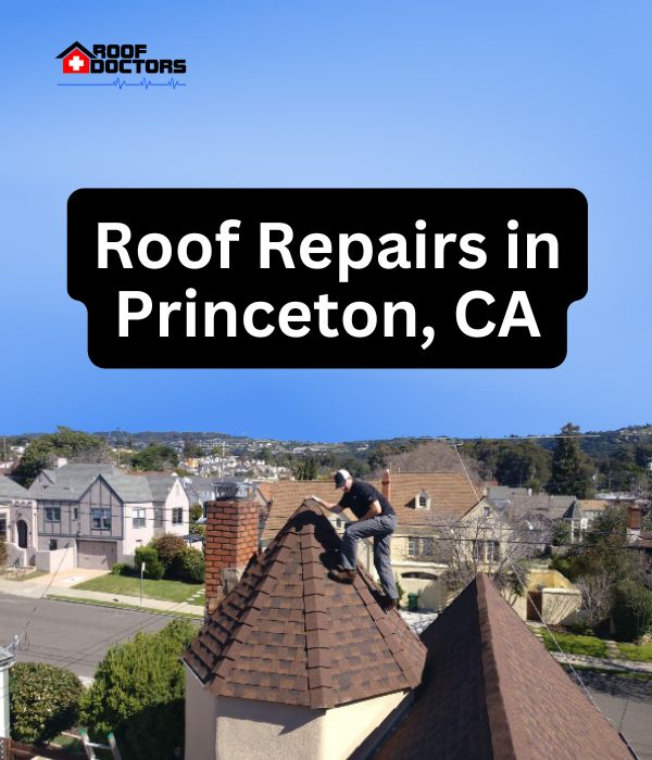 roof turret with a blue sky background with the text " Roof Repairs in Princeton, CA" overlayed